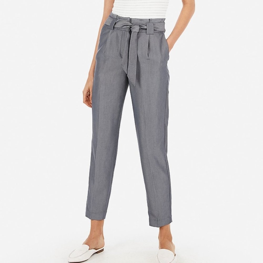 High Waisted Chambray Paperbag Ankle Pant